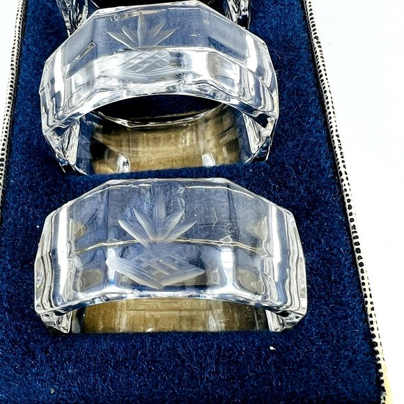 6 Beyer Lead Crystal Napkin Rings Germany Octagon Shape w/Etched Pineapples - Picture 3 of 6